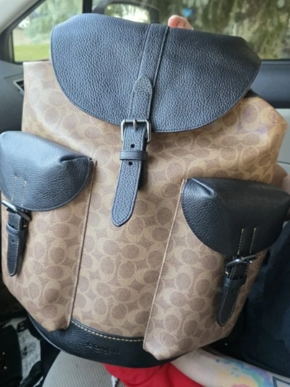 Coach Brown Signature Canvas Backpack with Black Leather Trim
